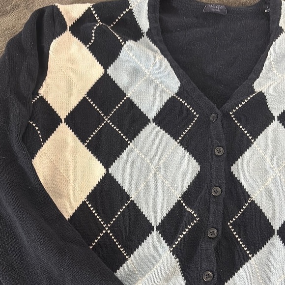 Brandy Melville Argyle Cardigan Sweater Knitwear Blue Black Pattern - Picture 2 of 4